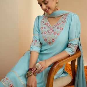 Women's Sky Blue Chanderi Silk Floral Embroidered Straight Kurta Set