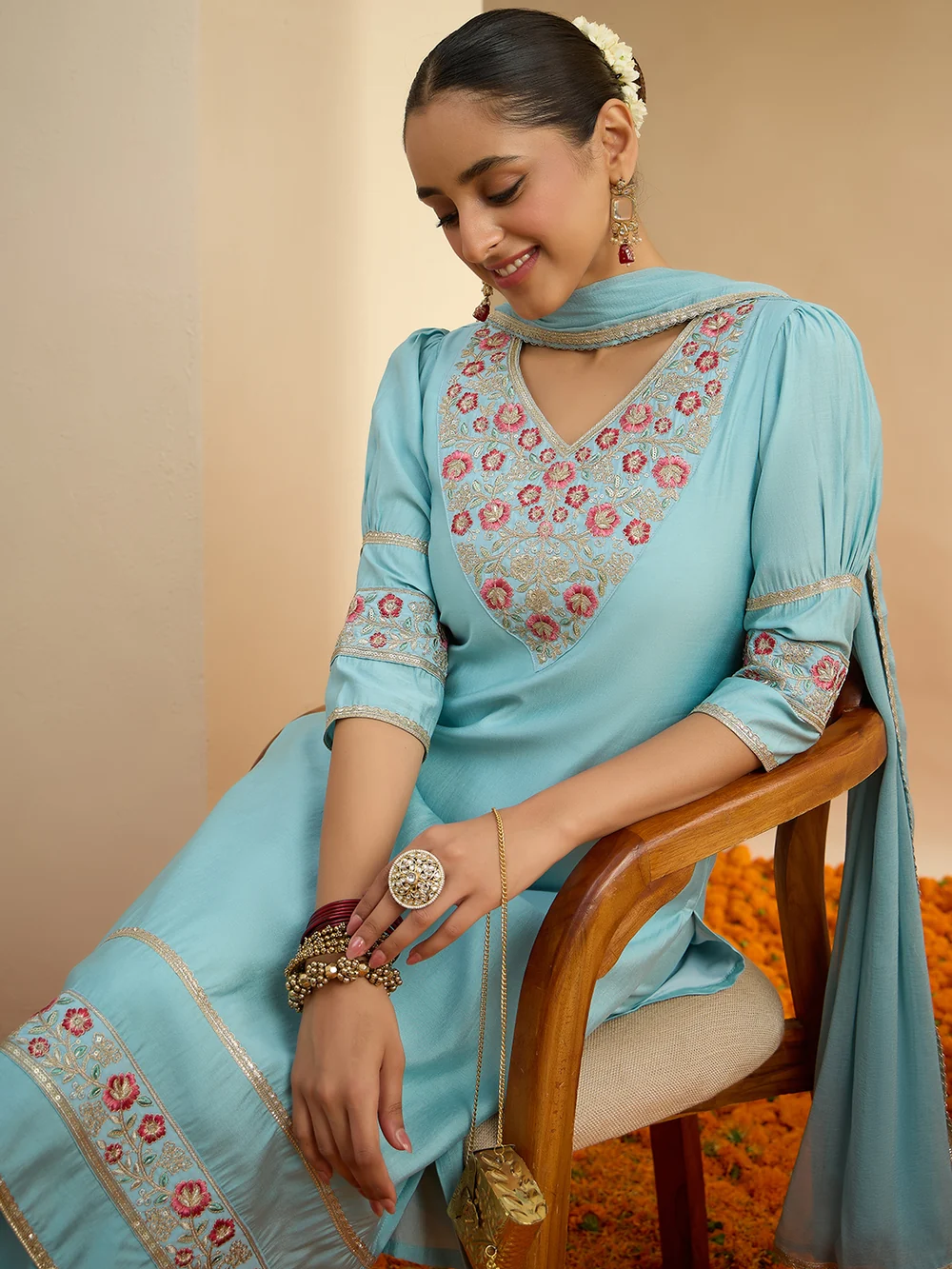 Women's Sky Blue Chanderi Silk Floral Embroidered Straight Kurta Set
