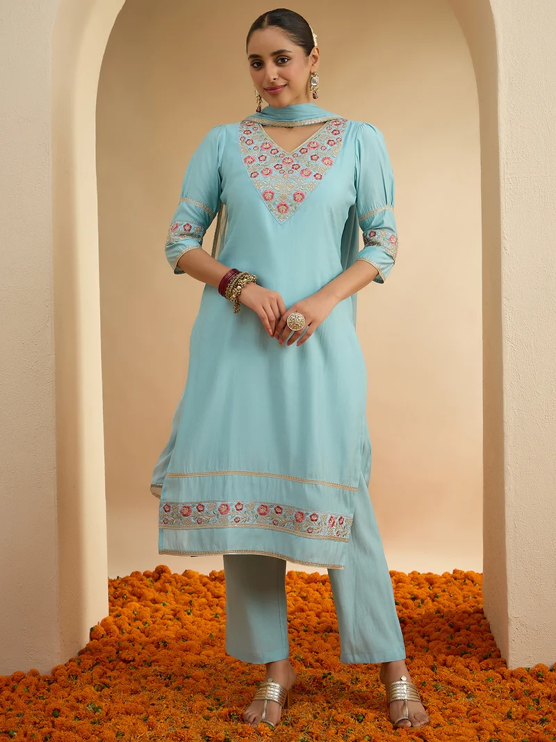Women's Sky Blue Chanderi Silk Floral Embroidered Straight Kurta Set - Image 2