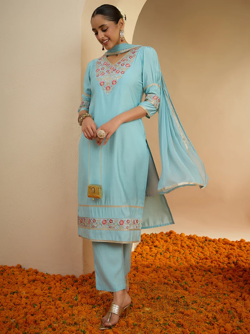 Women's Sky Blue Chanderi Silk Floral Embroidered Straight Kurta Set - Image 3