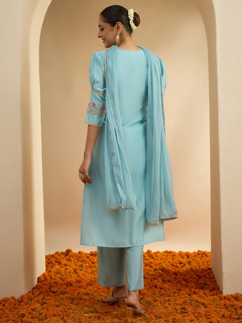 Women's Sky Blue Chanderi Silk Floral Embroidered Straight Kurta Set - Image 4