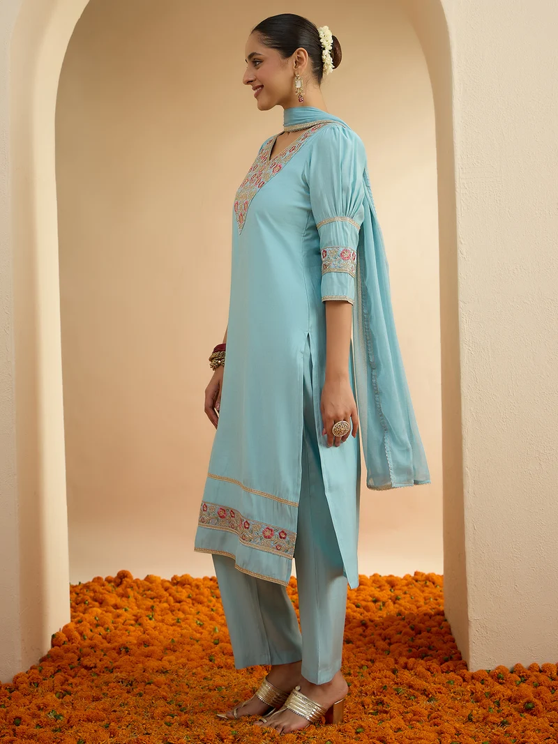 Women's Sky Blue Chanderi Silk Floral Embroidered Straight Kurta Set - Image 5