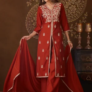 nivedita sticheddream Women's Rust Chanderi Silk Floral Embroidered Straight High Slit Kurta Set